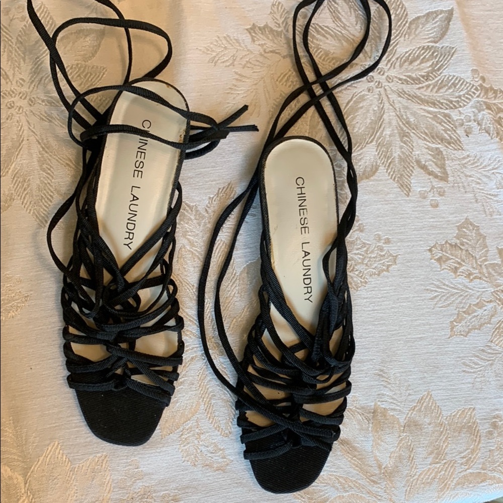Chinese Laundry Black Strappy Sandals with Ankle Laces